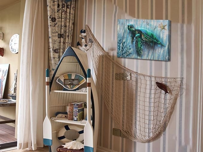 Arjun Bathroom Decor Blue Wall Art Canvas Green Sea Turtle Teal Submarine Picture, Blue Modern Landscape Painting Framed for Living Room Bedroom Home Office Wall Decor, 16"x12"