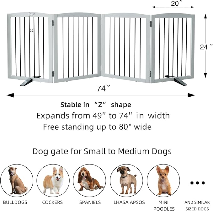 Freestanding Panel Dog Gate for Indoor, Doorways, Stairs, or Hallways - Foldable Wooden Pet Fence With Support Feet - 24" Height, 4 Panels, White