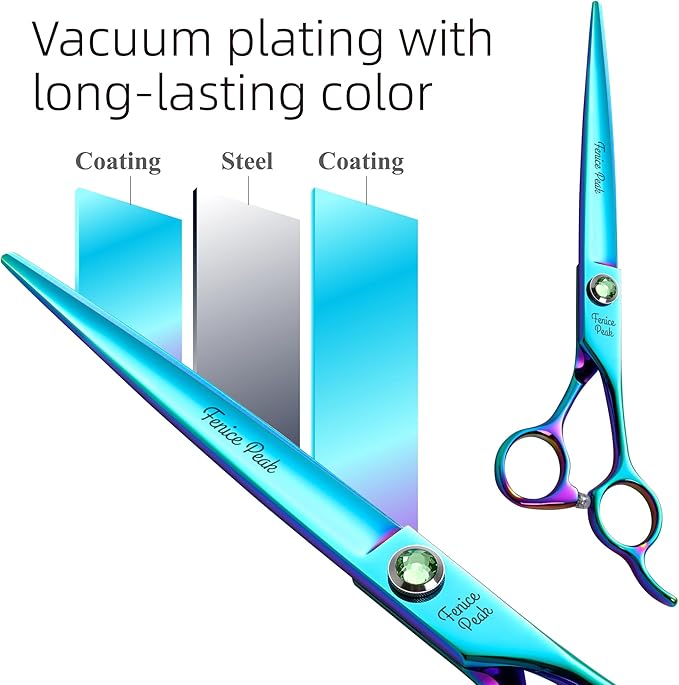 Fenice Peak 7.5'' Green Straight Dog Grooming Scissors Pet Shears with Ergonomic Offest Handle and Simulated Emerald Screw 440C Grooming Scissors Trimming Shears Durable and Sharp