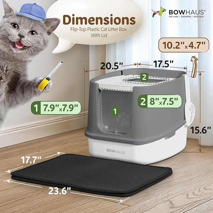 Fully Enclosed Cat Litter Box w/Lid, Scoop, Cat Mat & Odor Fitter, Large Plastic Cat Toilet with Double Door, Anti-Splashing Cat Litter Box with Lockable Front Door, Dark Grey