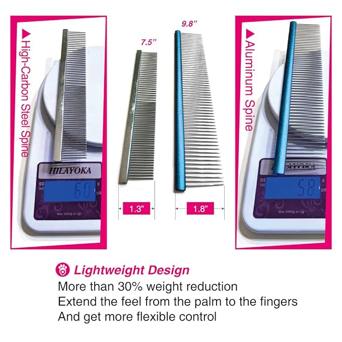 Greyhound Comb with Oval Handle for Dogs and Cats, Removing and Shedding Matted, Tangled Hair, Metal Comb with Stainless Steel Pins, Detangling Grooming Tool (9.8" Blue-20% fine pins)