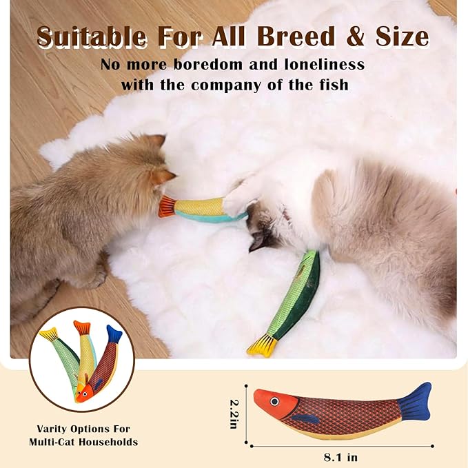 Cat Toys 4 Pack, Fish Shaped Catnip Toys with Crinkle Sound, Durable Interactive Chew & Kicker Toys for Indoor Cats, 8.1 Inch for All Breeds