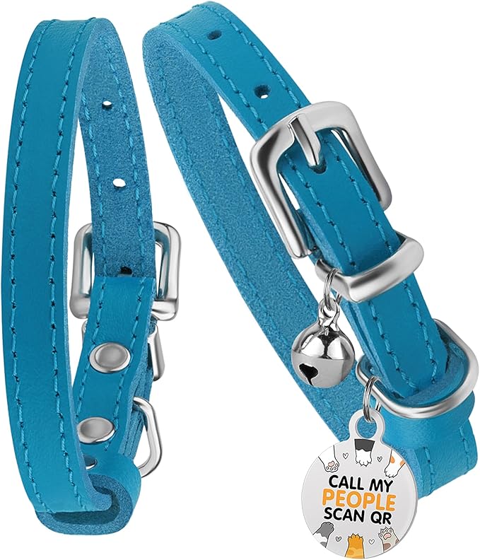 BRONZEDOG Leather Cat Collar with Removable Bells Non Breakaway Kitten QR Tag for Girl Boy (9" - 12" Cats/Mini Dogs, Blue & Silver)
