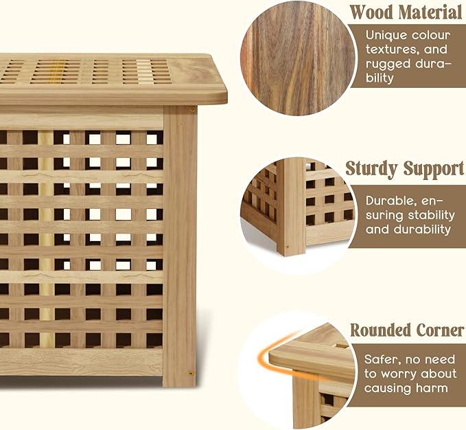 Bench with Storage, Acacia Laundry Hamper with Seat, Storage Benches with Seating for Entryway, Living Room, Bedroom, Bathroom (15.7x38.6x17.7in)