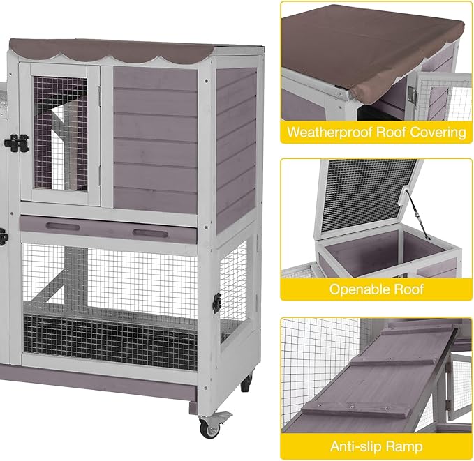 Aivituvin Rabbit Cage Indoor Outdoor Bunny Hutch on Wheels, 2 Story Wood Guinea Pig Cages with 2 Deeper Pull Out Trays (Gray)