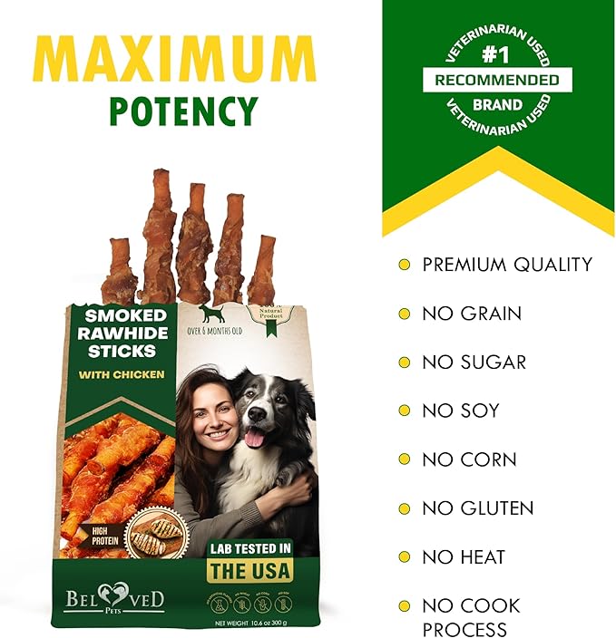 Dog Treats Rawhide Sticks Wrapped with Chicken 11 oz Pet Natural Chew Treats - Grain Free Meat & Human Grade Dried Snacks - Best for Small & Large Dogs (10.6 Ounce (Pack of 1), Smoked Chicken)
