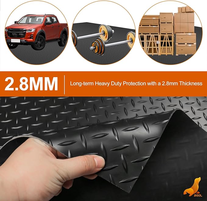 SEAL 6 x 8 Ft Premium Garage Floor Mat, Solid 2.8mm Thickened Black Commercial Grade Heavy Duty Parking Mat for Garage Floor, Golf Cart, Water/Stain Resistant Floor Runner (Embossed Diamond Plate)