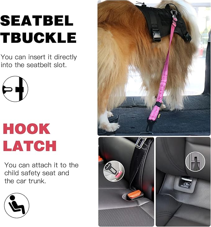 AUBELL Dog Seat Belt for Car,2 Pack Set 3-in-1 Adjustable Reflective Bungee Heavy Duty Dog Car Harness Tether with Clip Hook Latch & Buckle,Swivel Zinc Alloy Carabiner,Black+Hotpink