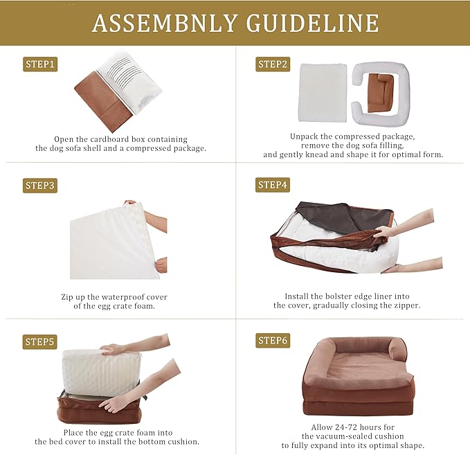 Bedfolks Orthopedic Dog Bed, Big Waterproof Dog Sofa Bed for Large Dogs, Egg Foam Pet Couch Bed with Removable Washable Cover and Nonslip Bottom, Brown