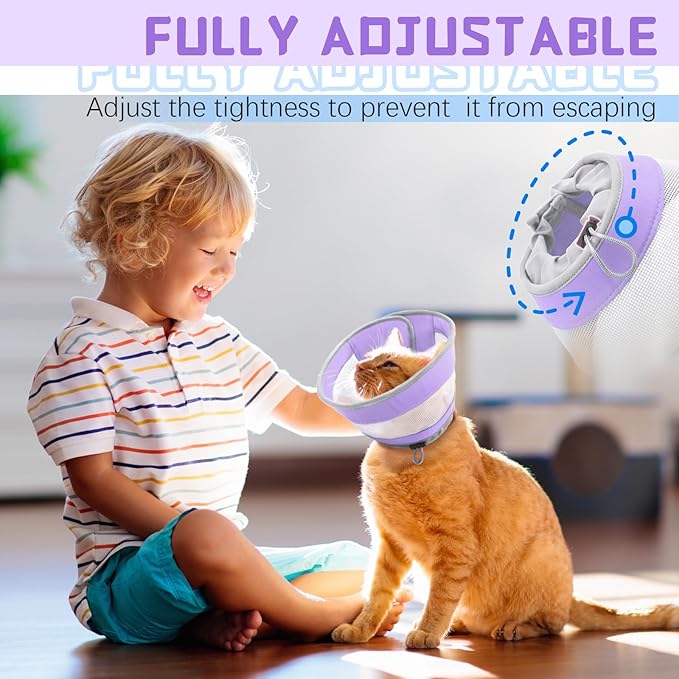Breathable Air Mesh Cat Cone Collar Soft to Stop Licking, Adjustable, Foldable Lightweight Kitten Cones After Surgery Recovery for Cats & Kittens (Purple, S)
