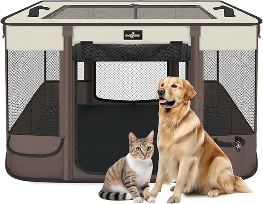 Foldable Pet Kitten Playpen, Upgrade Waterproof Portable Cat Dog Playpen Kennel Tent for Small Dog Cat, Removable Shade Cover, Come with Free Carrying Case, Indoor Outdoor Use for Small Pet, Brown