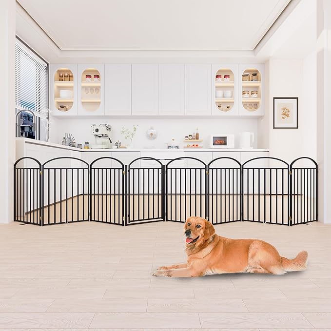 8 Panles Full Matel Freestanding Dog Gates with Door, 192"Extra Wide 32"Tall Free Standing Dog Pet Gate for Indoor & Outdoor. Foldable Pet Fences for Doorways, House, Stairs, Porch, Deck, Yard