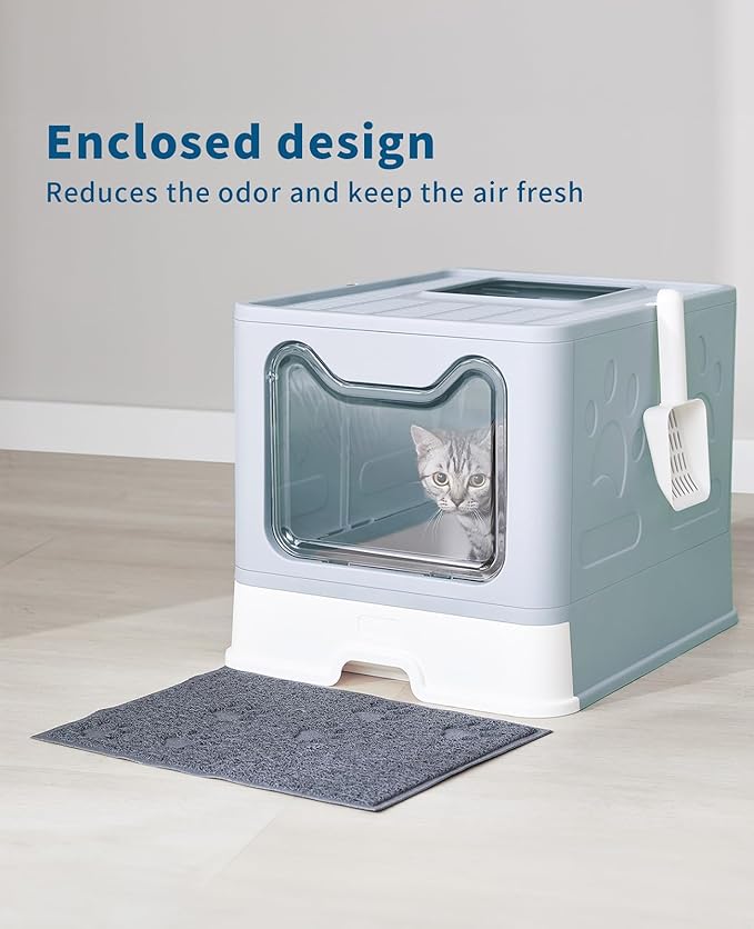 Cat Litter Box with Litter Mat and Scoop, Large Foldable Litter Box with Lid, Front Entry Top Exit Kitty Box, Odor Control, Easy to Clean (Blue)