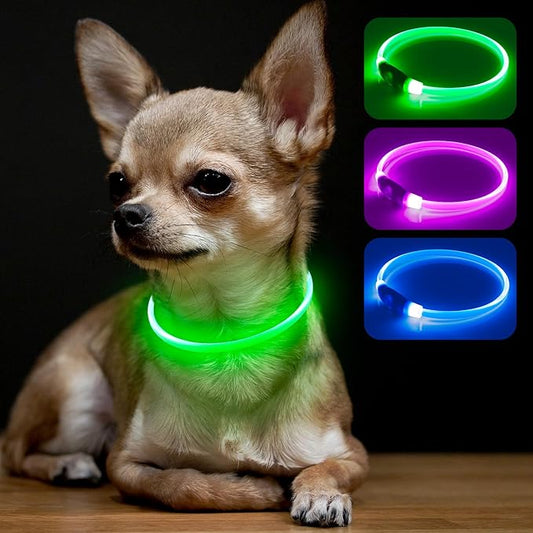 BSEEN Light Up Dog Collar - Rainproof Rechargeable LED Dog Collar - TPU Cuttable Glowing Pet Collar for Small Dogs& Cats - Puppy Safety Dog Lights for Night Walking (XS- Green 40cm)
