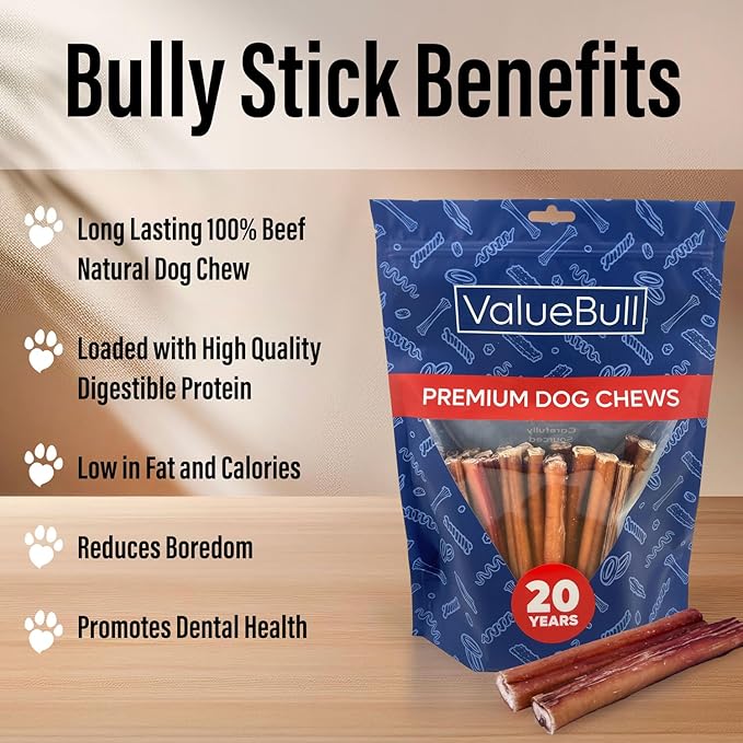 ValueBull Bully Sticks for Large Dogs, Jumbo 6 Inch, 25 Count - All Natural, Grass Fed, Single Ingredient, Long Lasting Dog Treats for Aggressive Chewers