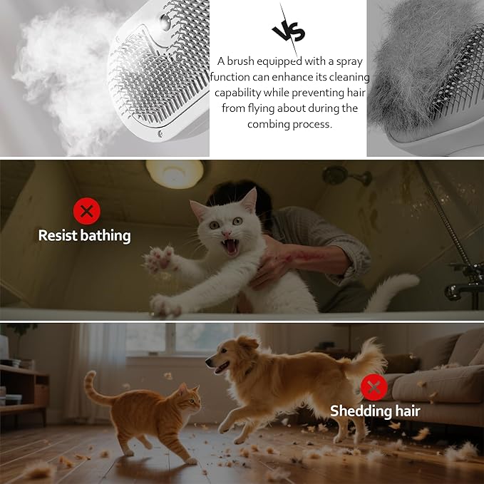 Cat/Dog deshedding brush with spray, Self-Cleaning Hair Comb for Long & Short Haired indoor Cats and Dogs (White)