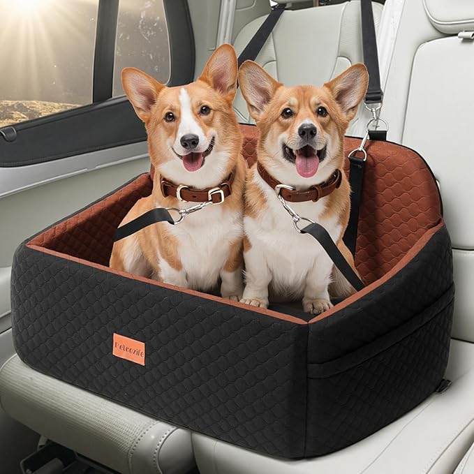 Dog Car Seat for Large Medium Dogs, Pet Car Seat Under 55 lbs or 2 Puppies, Removable Washable Pets Travel Booster Bed for Automotive Backseat with Comfy Thick Cushion, 2 Safety Leashes(Black/Brown)