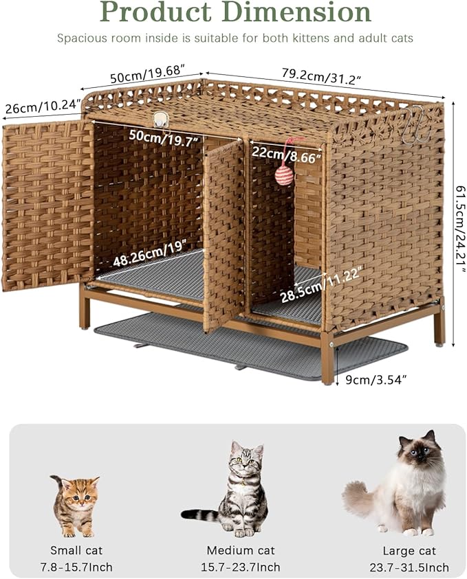 Cat Litter Box Enclosure Furniture with Divider, Handwoven Rattan Litter Box with Mat, 31.2 x 19.6 x 24.2 Inches, Metal Heightened Feet, Hidden Cat House for Living Room, Bedroom (Natural)