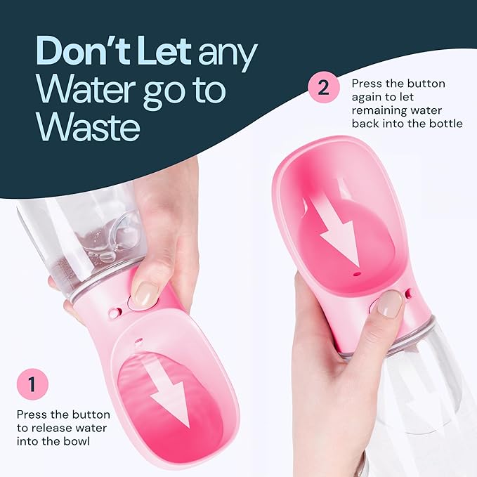 MalsiPree Dog Water Bowl Dispenser - 12 Oz, Pink - Portable Dog Water Bottle & Travel Pet Bowl - Leak Proof