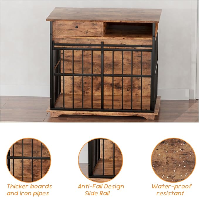 35.5" Dog Crate Furniture, Wooden Dog Crate Furniture for Medium Small Dogs, Wooden Dog Kennel End Table with Drawer and Open Shelves, Sliding Door Dog Kennel Furniture