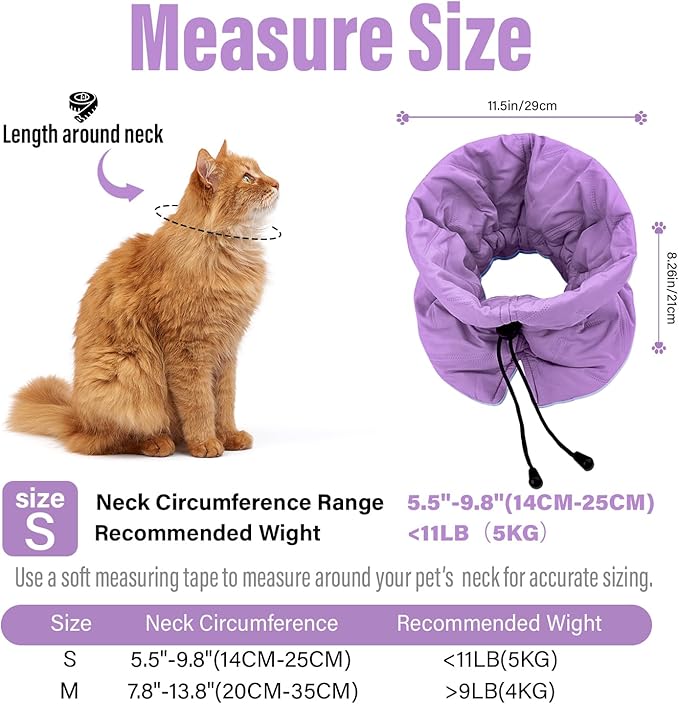 Cat Recovery Collar, Soft Adjustable Cone for Cats and Kittens, Lightweight Waterproof Elizabethan Collar for After-Surgery Care, Prevent Licking and Scratching, Neck Protector for Pets（Purple,S）