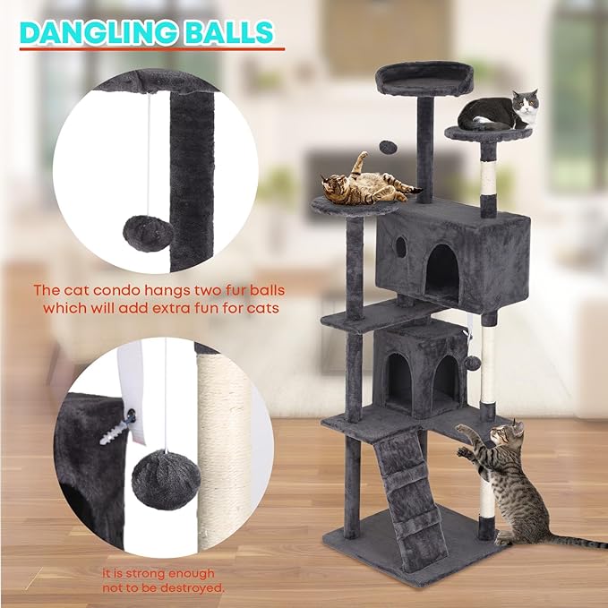 FDW Cat Tree 70in Cat Tower Multi-Level Durable Cat Scratching Post & Cozy Fun Cat Jumping Platform Space Saving Cat Condo Pet Play House for Indoor Cats,Light Gray