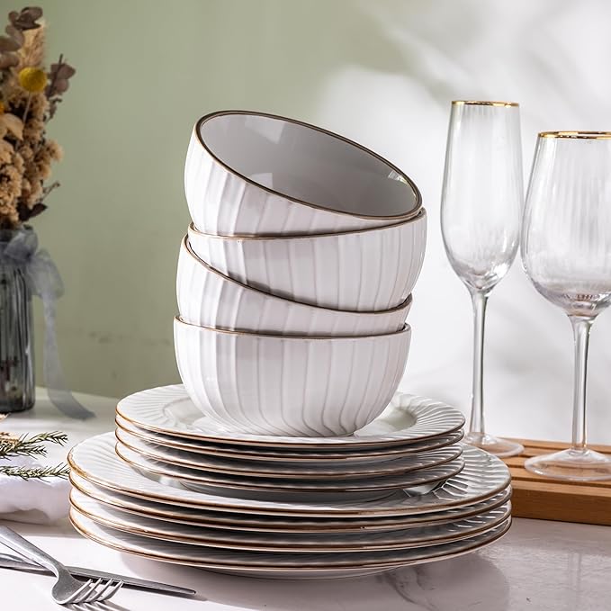 GBHOME Ceramic Dinnerware Sets,12 pcs Embossed Elegant Stoneware Plates and Bowls Sets, Housewarming Wedding Gift | Dishwasher & Microwave Safe | Dishes Set Service for 4