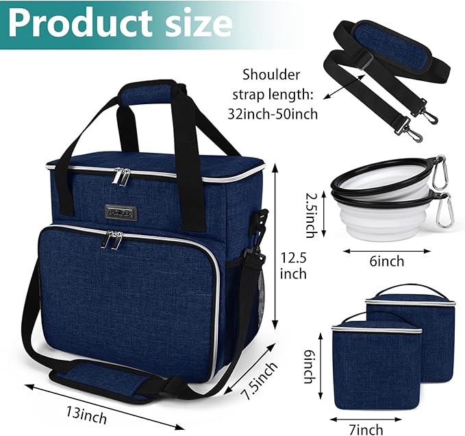 BAGLHER Dog Travel Bag, Pet Travel Bag (ALL Pet Travel Supplies), With 2 Pet Food Containers and 2 Collapsible Silicone Bowls; Essential Kits for Pet Travel Dark Blue