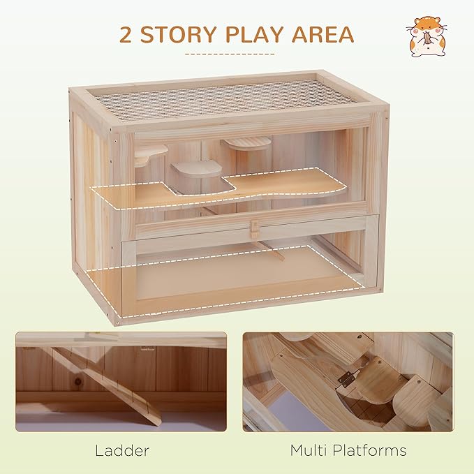 PawHut 2-Level Hamster Cage Mice and Rat House, Small Animal Habitat for Chinchillas with Openable Top, Front Door, Shelf and Ladder, Natural