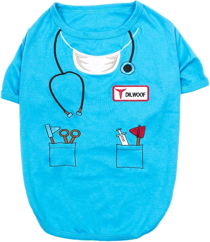 Parisian Pet Doctor Woof Shirt - Embroidered Pirate Costume - Cotton & Polyester Outfit - Sleeved Clothes - Blue Funny Shirts for Large Dogs - Pet Costumes - 3XL