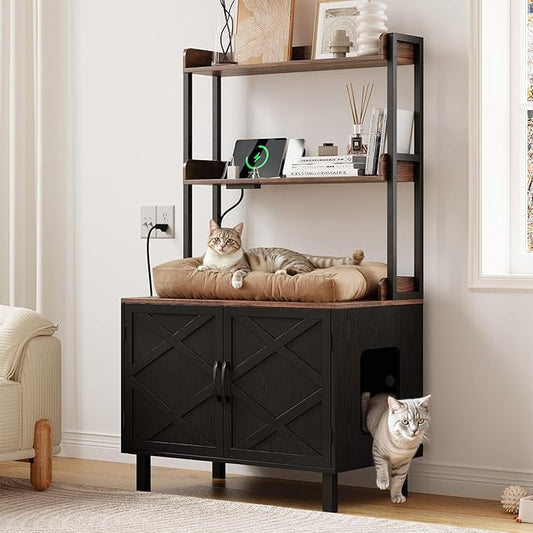 55 Inches Cat Litter Box Enclosure, Hidden Litter Box Furniture with 2 Storage Shelves and Charging Sockets, Wooden Cat House, Large Indoor Cabinet for Living Room & Entryway, Black