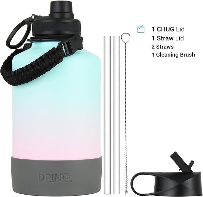 DRINCO Stainless Steel Water Bottle Spout Lid Vacuum Insulated Double Wall Water Bottle Wide Mouth (64oz 40oz 32oz 22oz 18oz 14oz) Leak Proof Keep Cold Sport Camping Hiking (64 oz, 64oz Macaron)