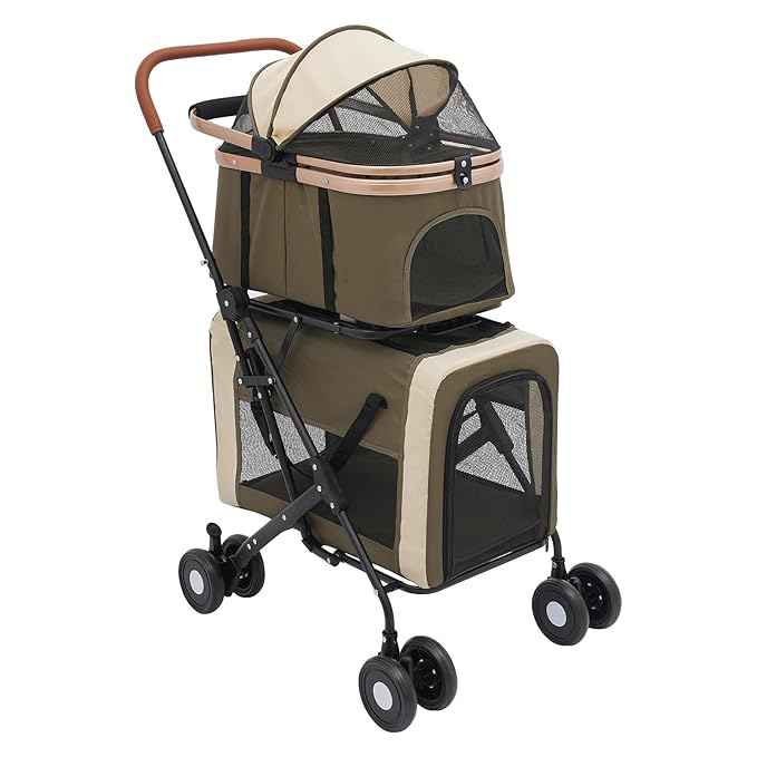 Double Pet Stroller for Dogs and Cats, Foldable Dog Stroller Travel Carriage with Detachable Carriers, Safety Belts, and 4 Lockable Wheels for Small to Medium Pets (Dark Green)