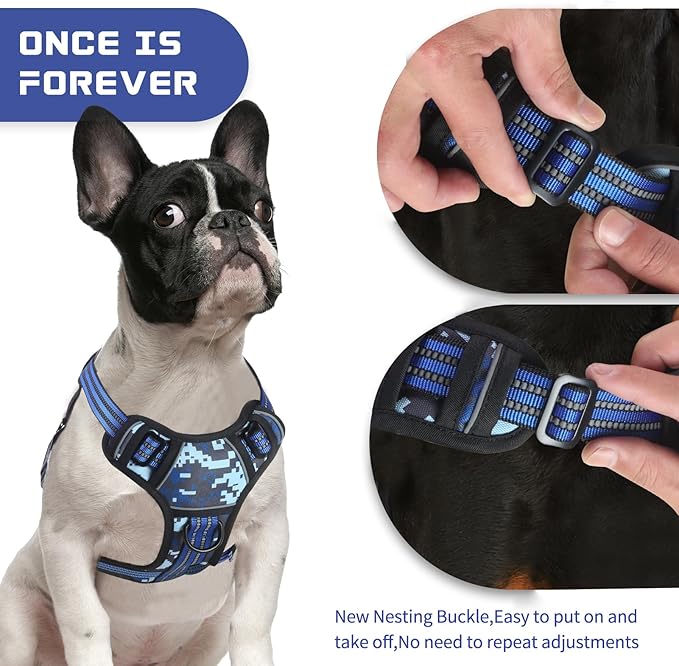 BUMBIN Dog Harness for Large Dogs, No Pull Adjustable No Choke Pet Vest with Dog Leash Fit Smart Reflective Pet Walking Harness for Training Easy Control Soft Handle Blue Camo L