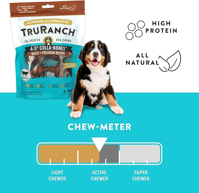 4-5" Collagen Bones, Bully - Collagen Dog Bones - Long Lasting Healthy Joint Support Dog Treat - Rawhide Alternative - Skin & Coat Health, 1 Bag, 4 Count