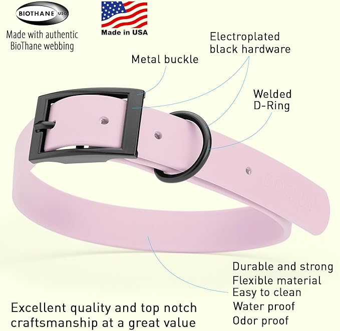 Dogline Biothane Waterproof Dog Collar Strong Coated Nylon Webbing with Black Hardware Odor- Proof for Easy Care Easy to Clean High Performance Fits Small Medium or Large Dogs, Pastel Purple