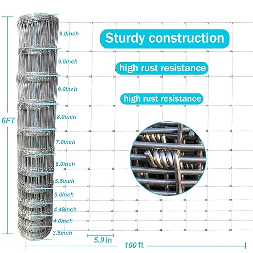 Farm Fence 6ft x 100ft Heavy Zinc Coating Field Wire Fencing, Deer Fence, Galvanized Livestock Fence,Goat Fence,Hog Wire Fencing, Garden Fencing Used to Yard and Garden