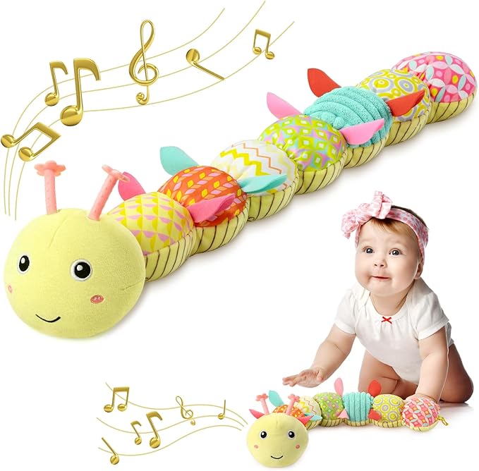 Baby Toys 0 to 12 Months, Musical Stuffed Animal Activity Soft Toys with Multi-Sensory Crinkle, Rattle and Textures, Infant Tummy Time Toys for Newborn Boys Girls, Caterpillar, Yellow