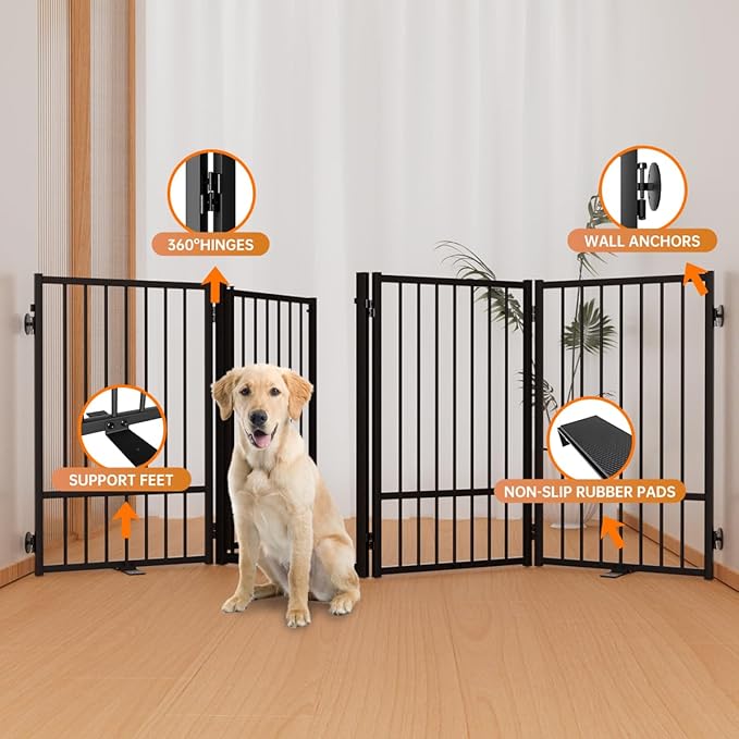 Full Metal Freestanding Dog Gate with Door, 32''Height Foldable Pet Dog Fence for Indoor & Outdoor, 4 Panels Extra Wide Free Standing TallDog Gates for Doorways,House,Stairs,Porch,Deck,Yard