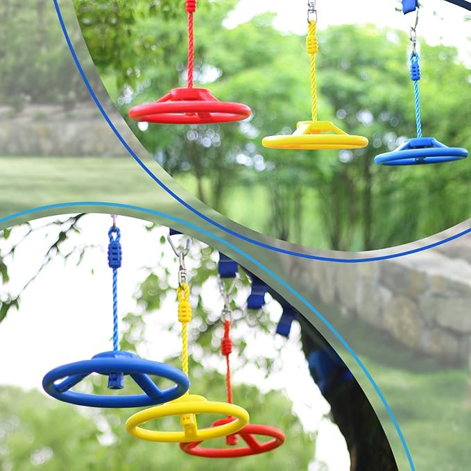 Rainbow Craft 3-Pack Ninja Monkey Wheels，Obstacle Course & Swing Set Attachments for Kids ，Outdoor Backyard Playground Accessory，Red, Blue & Yellow
