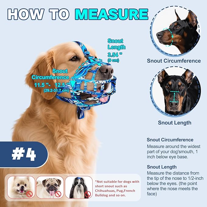 Basket Muzzle to Prevent Biting, Dog Muzzle for Large Medium Small Dogs Allows Panting Drinking Anti Chewing, Perfect for Grooming Trimming Training and Aggressive Reactive Dogs (Blue, Size 4)