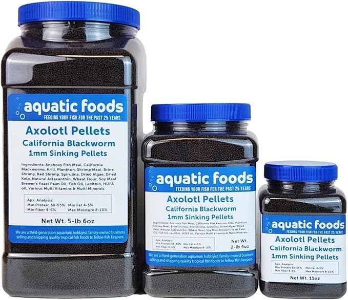 Aquatic Foods Inc. Axolotl Blackworm Pellets. 1mm-1/32 Sinking California Blackworm Micro Pellets for Baby Axolotl, Frogs, Shrimp, Salamanders, Newts, Snails…11oz Jar
