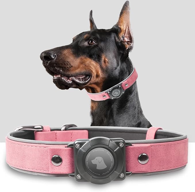 AirTag Dog Collar - Leather Dog Collar with Air Tag Holder | IPX8 Waterproof, Reflective, High - End, Adjustable Soft Padded | Dog GPS Tracker Collars Fit for Medium Large Dogs (Pink, L)