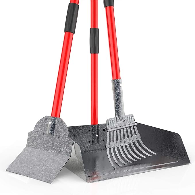 Larger Heavy Duty Pooper Scooper for Dogs-Rake, Spade,Tray Set with Long Handle,No Bend Down Easy Cleanup,Great for Yard Grass Gravel Dirt,Use for Large Small and Multi Dogs