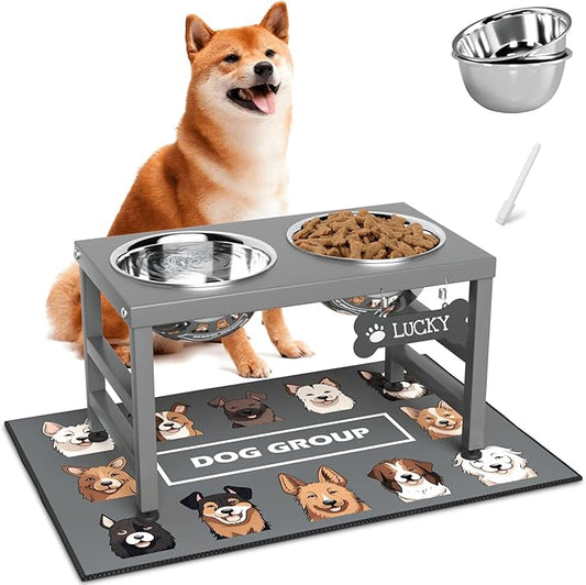Elevated Dog Bowls, 10" Tall Height, Raised Bowl Stand with 2 Stainless Steel Food Feeder Bowls (58oz) and Spill-Proof Mat for Medium Large and Small Breeds, Grey