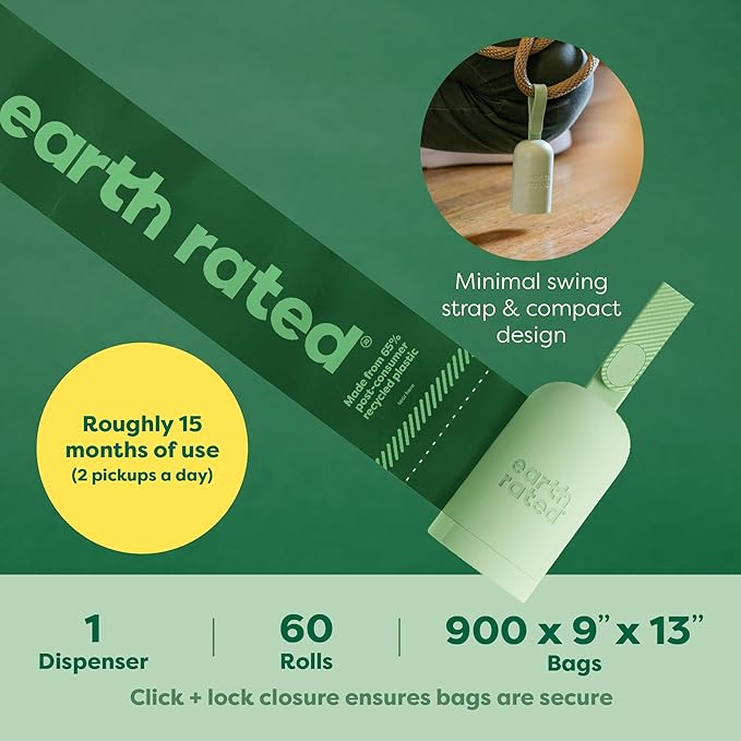 Earth Rated Dog Poop Bag Holder, Durable and Guaranteed Leakproof, Lavender Scented, 1 Dispenser and 900 Bags