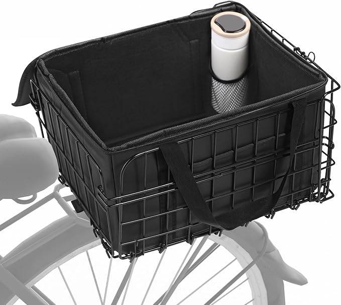 Aodaer Bike Basket with Removable Liner Bag Cargo Net Large Folding Bike Basket Quick Release Metal Ebike Basket Bicycle Storage Basket for Carrying Fruit & Grocery Pets Dogs