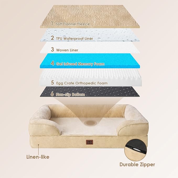 EHEYCIGA Orthopedic Dog Beds for Large Dogs, Waterproof Memory Foam Large Dog Bed with Sides, Non-Slip Bottom and Egg-Crate Foam Pet Couch Bed with Washable Removable Cover, Greige