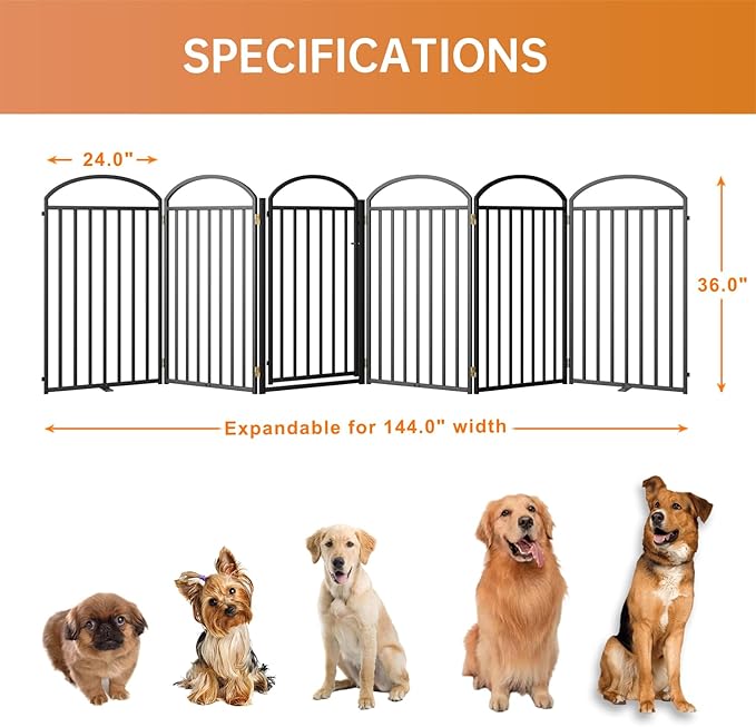 6 Panles Full Matel Freestanding Dog Gates with Door, 144"Extra Wide 36"Tall Free Standing Dog Pet Gate for Indoor & Outdoor. Foldable Pet Fences for Doorways, House, Stairs, Porch, Deck, Yard
