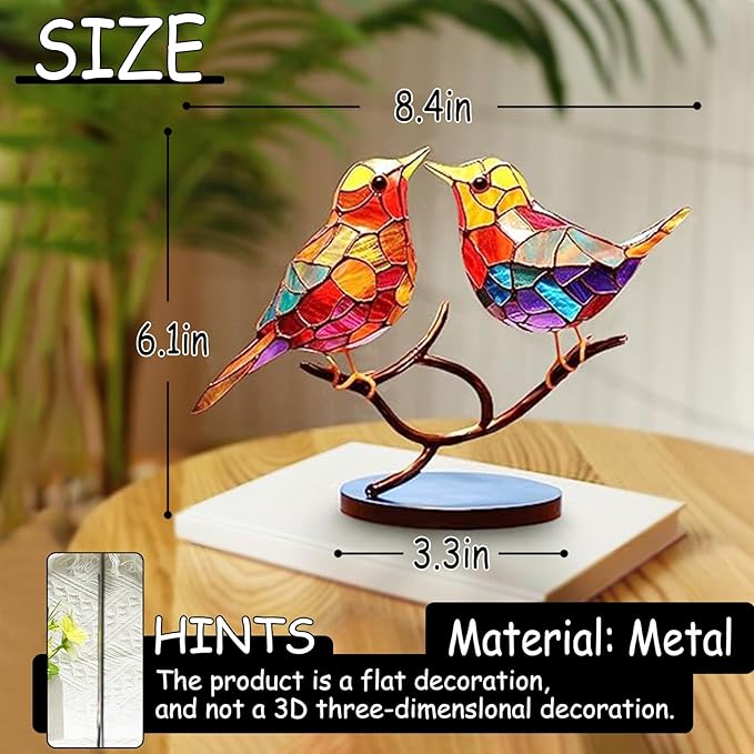 2Birds on a Branch, Metal Desktop Plane Shape Decorations, Home Bird Decorations for Office, Window, Aviary, Garden, Gifts for Bird Lovers, Boxed Set.